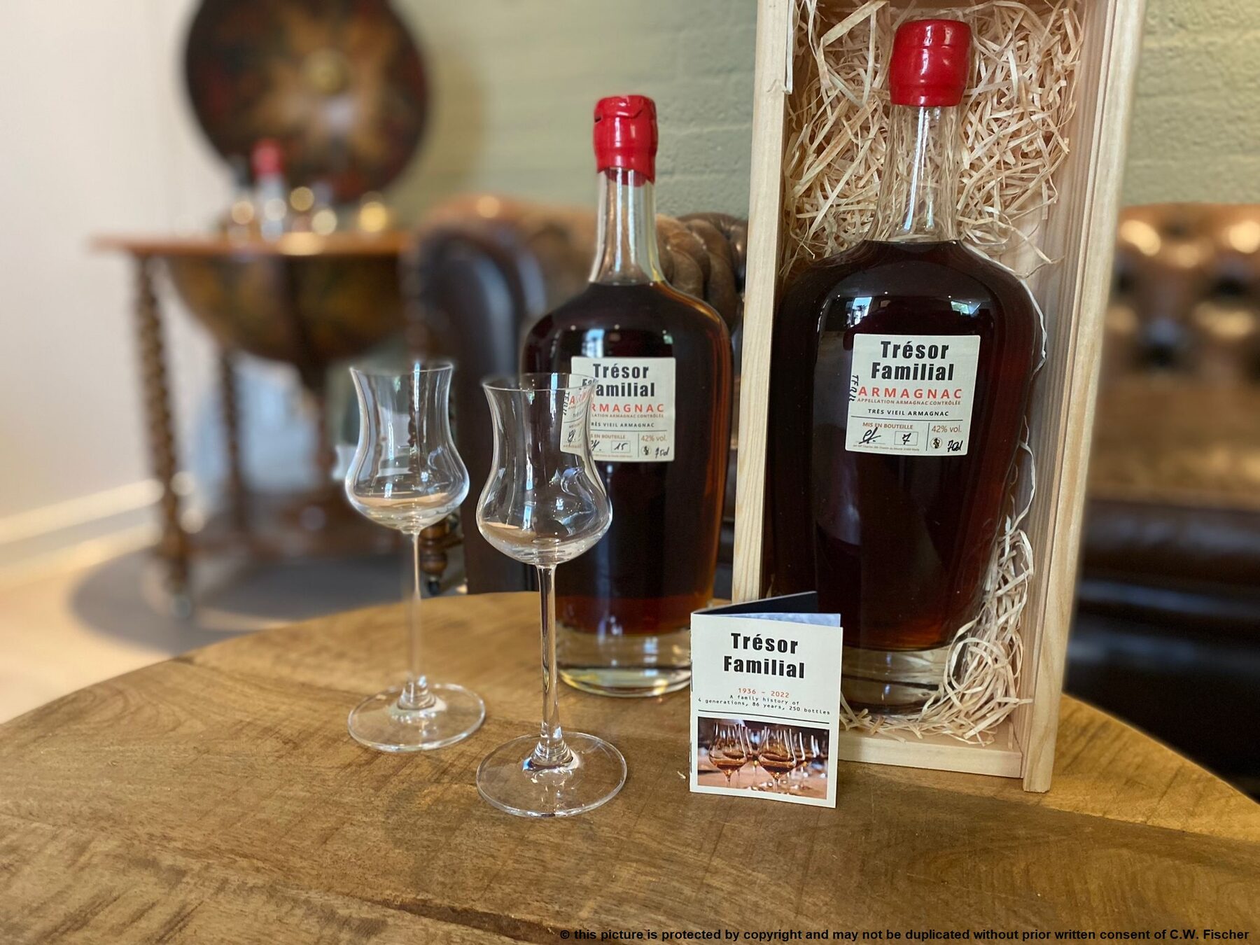Trésor Familial Armagnac bottle and tasting glasses